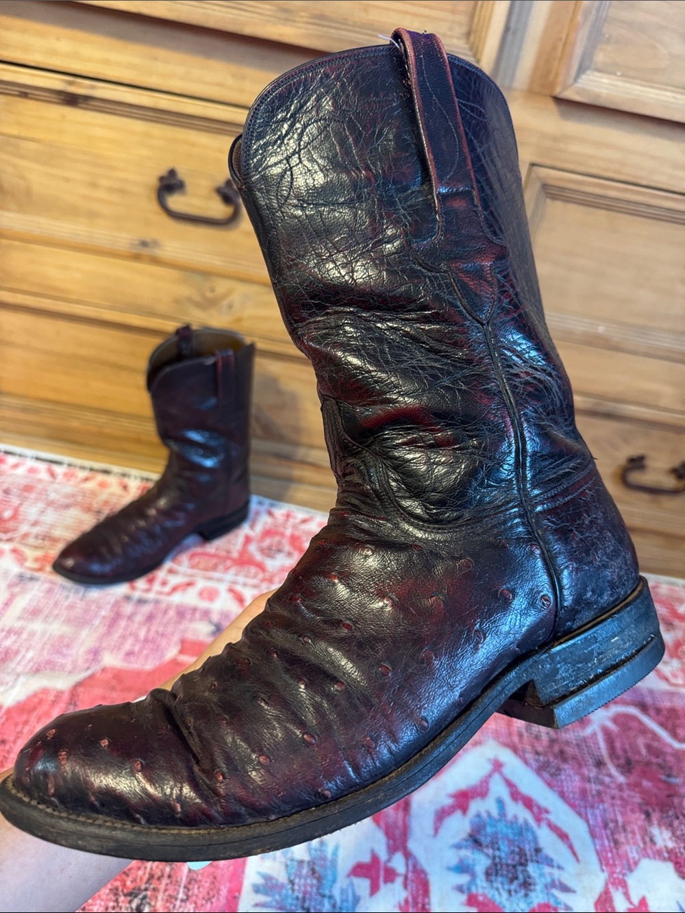 LUCCHESE OSTRICH CLASSICS HANDMADE in USA BLACK CHERRY COWBOY BOOTS 9 D